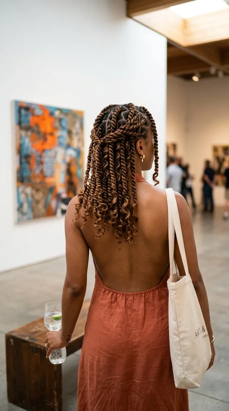 Burgundy curly knotless braids with dark roots at a candlelit rooftop dinner