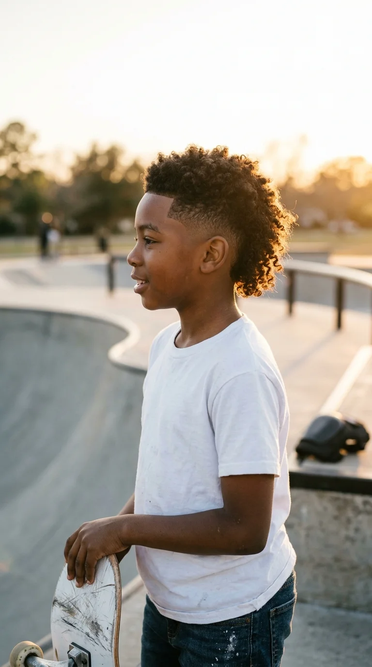 Three quarter front view of a boy's burst fade curving around the ear