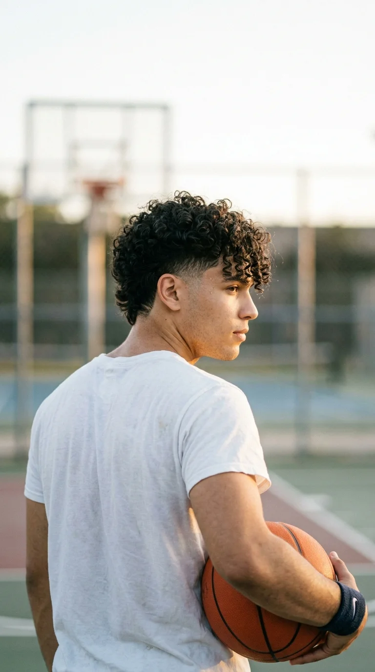 Over the shoulder view of a man with a burst fade and a curly fringe