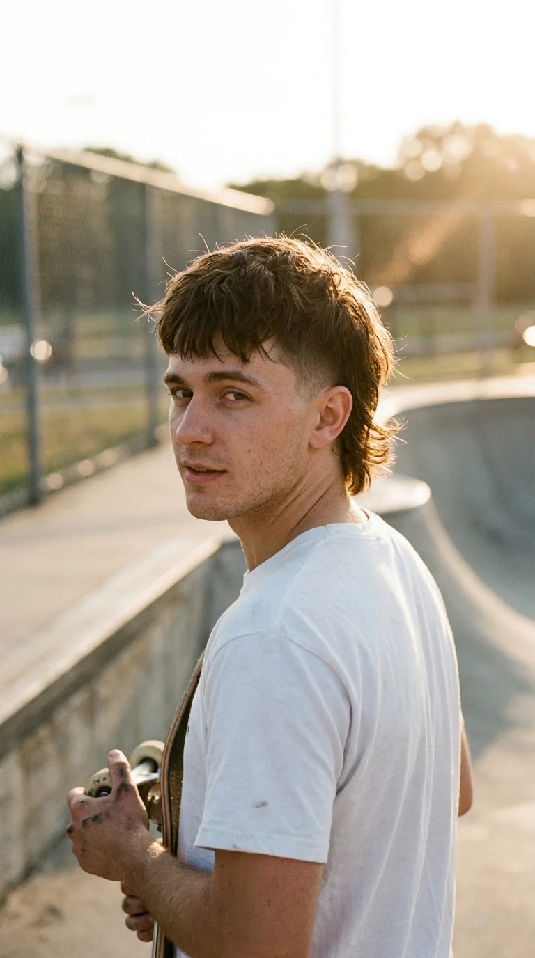 Over the shoulder view of a burst fade mullet curving around the ear