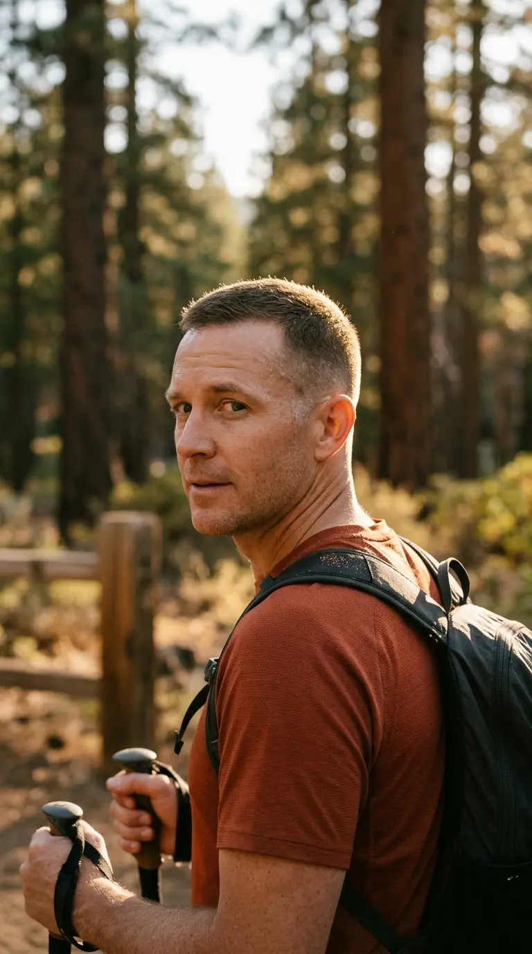 Over the shoulder view of a short butch cut on a man at a trailhead