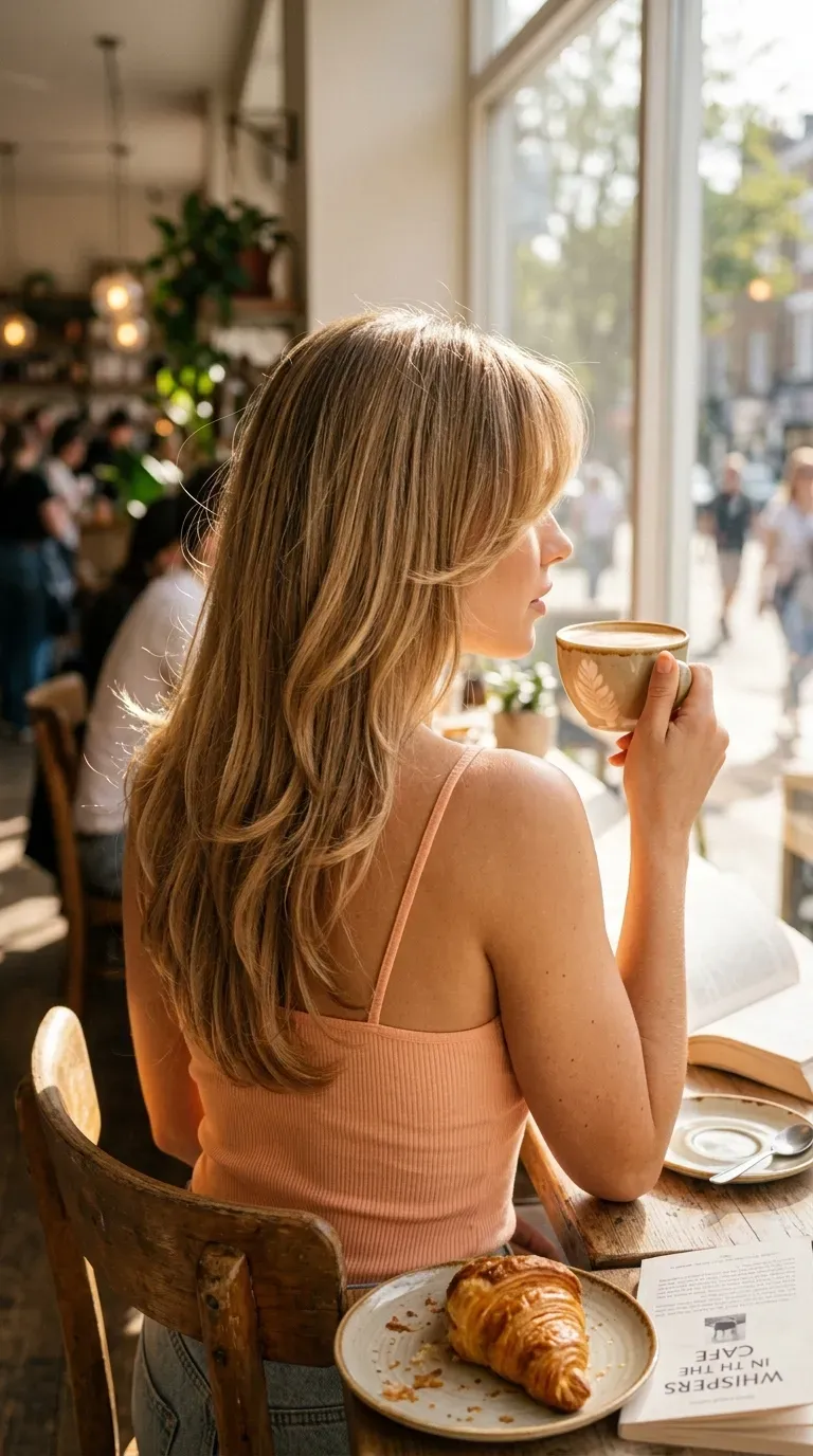 Honey blonde butterfly cut with curtain bangs blending into wings at a cafe window