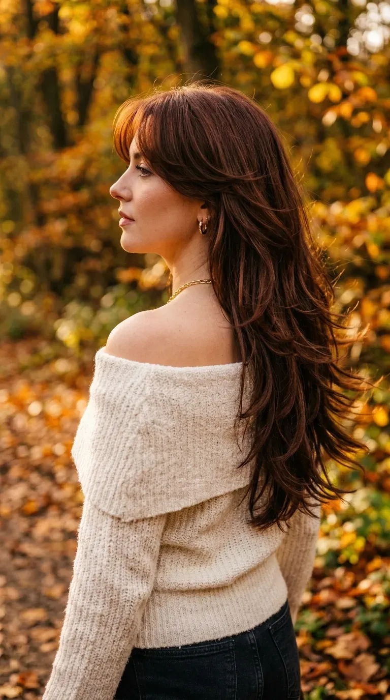 Dark auburn butterfly cut with long side swept bangs on an autumn dog walk
