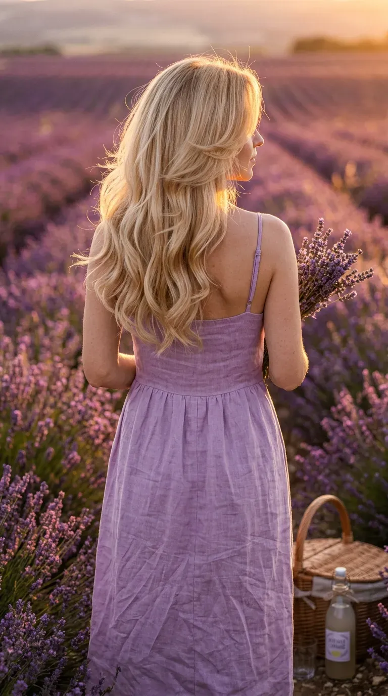 Waist length golden blonde butterfly haircut with long hair layers in lavender field
