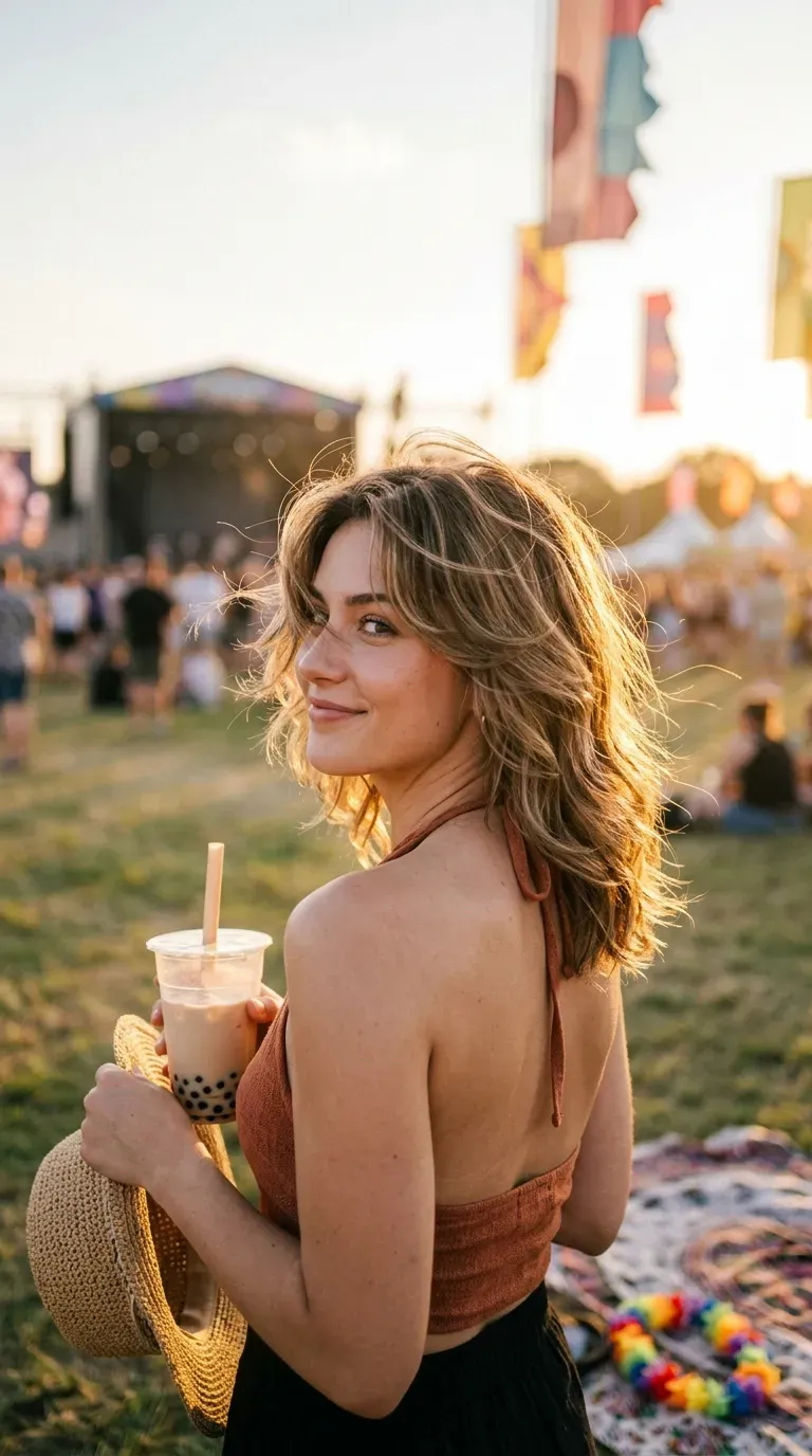Over the shoulder view of a butterfly lob with face framing layers at a festival