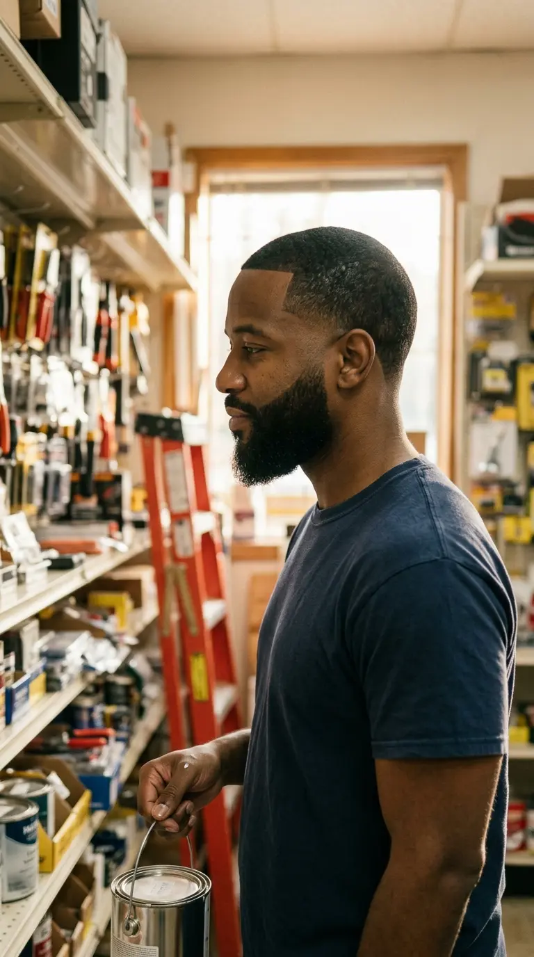 Three quarter front view of a Black man with a short buzz cut blended into a full beard