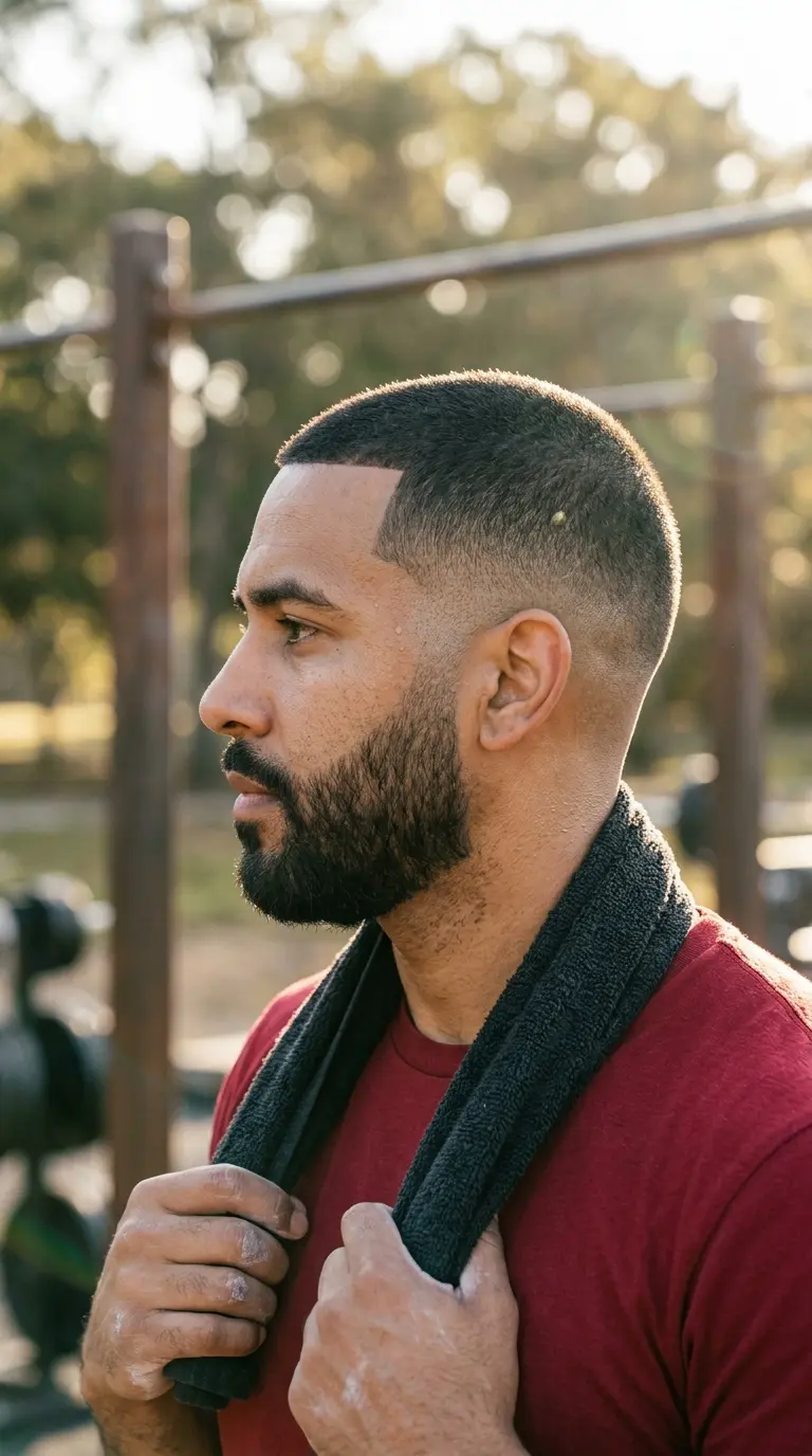 Side profile of a man with a buzz cut, a sharp line up, and a blended beard
