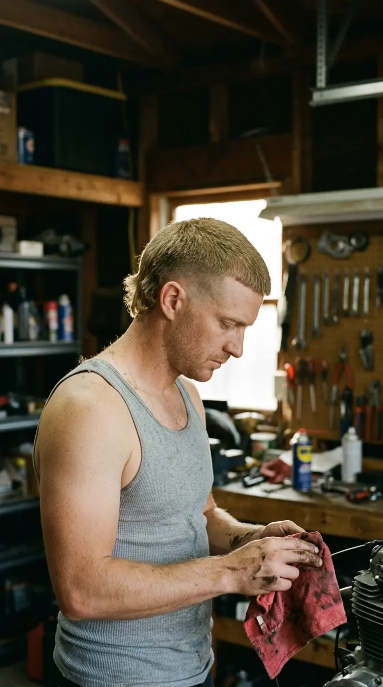 Three quarter view of a buzz cut mullet with a short tail at the nape