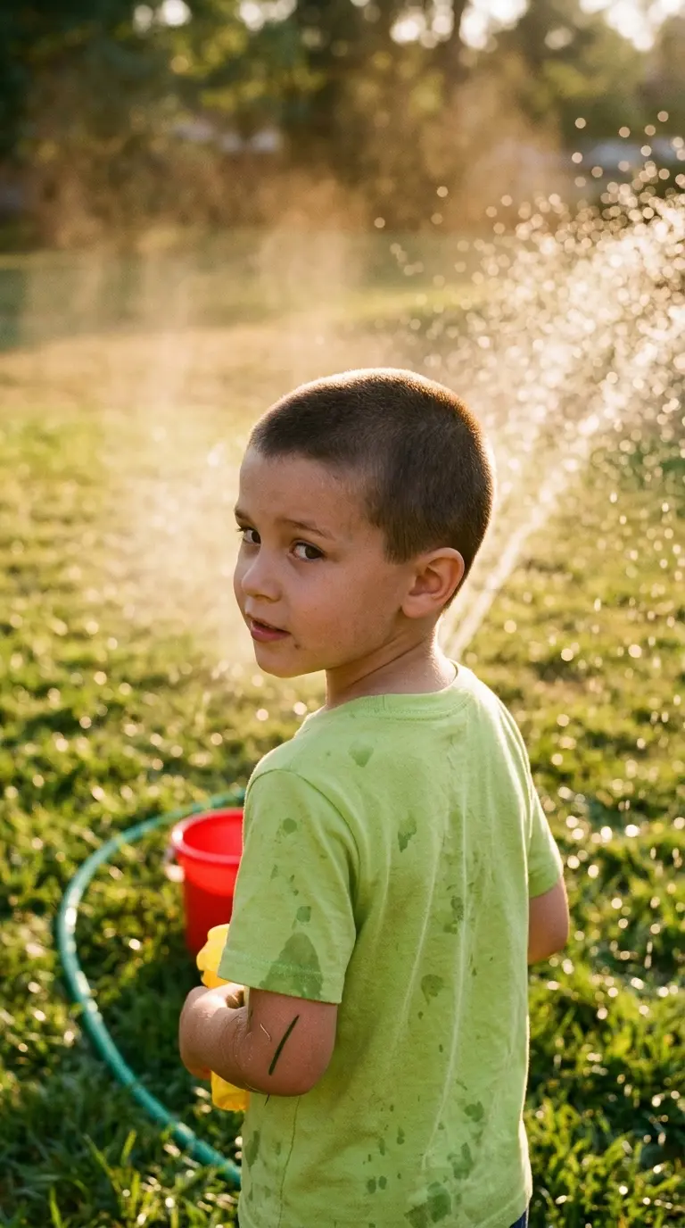 Over the shoulder view of a boy with an even number 3 buzz cut