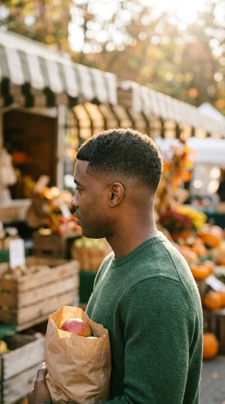 Three quarter front view of a Black man with a Caesar cut and a mid fade