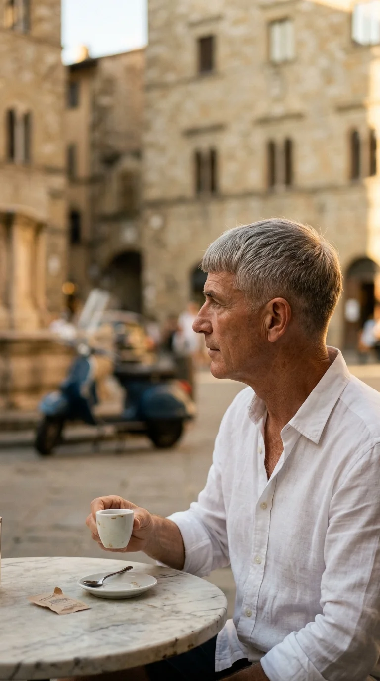 Side profile of a grey Caesar cut with a short forward fringe