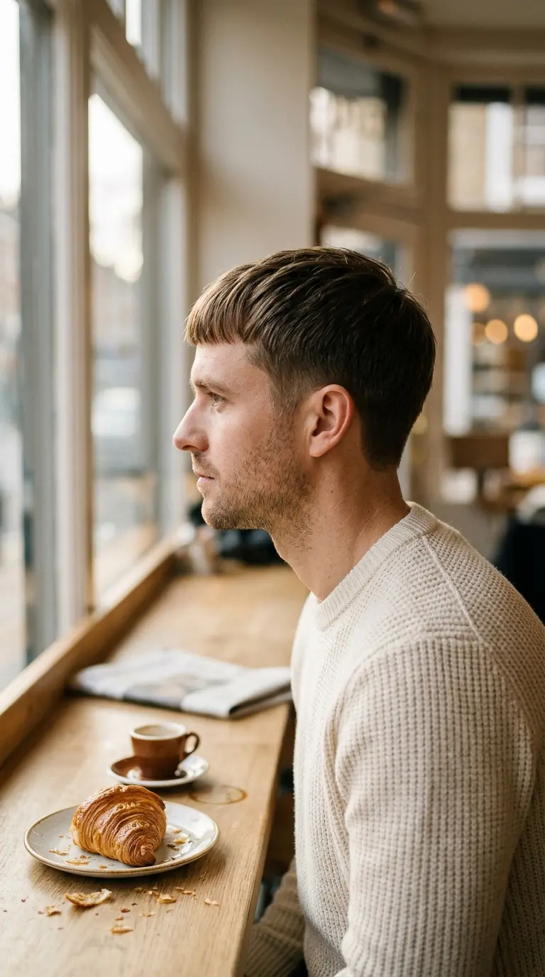 Side profile of a Caesar cut with a short straight fringe at a bakery