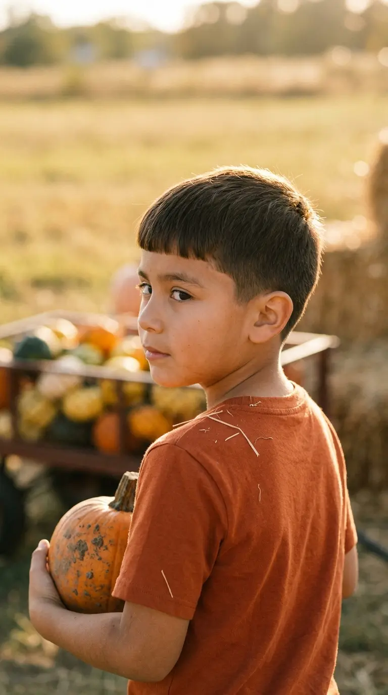 Three quarter back view of a boy with a short Caesar cut and fringe