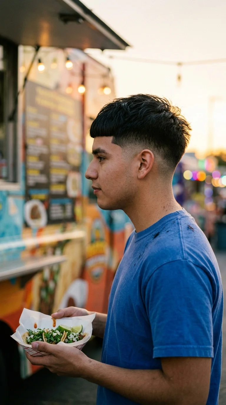Three quarter back view of a man with a textured Caesar cut