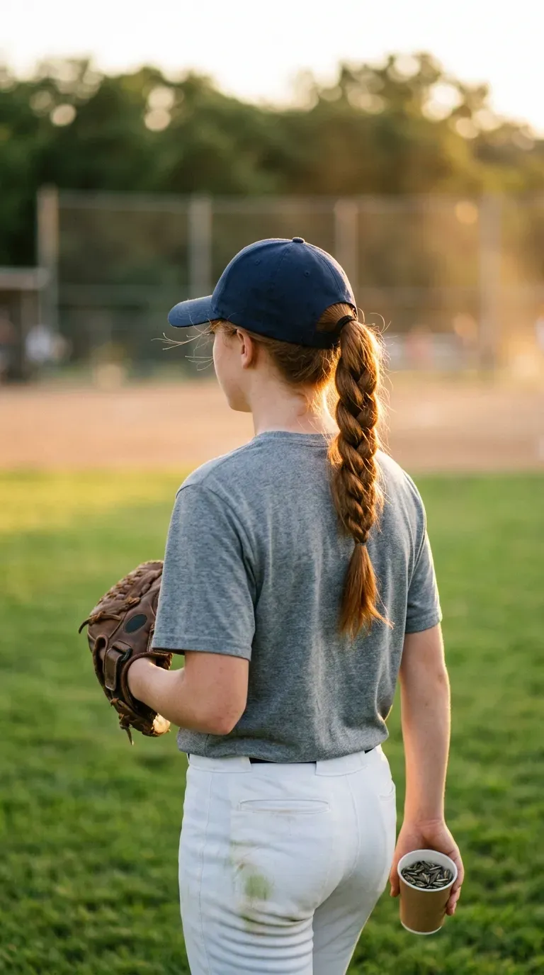 Auburn ponytail threaded through the back of a softball cap in the outfield