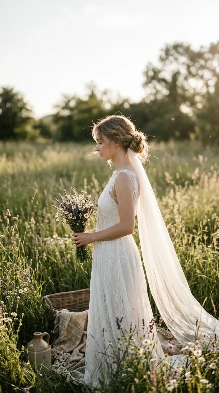 Side profile of a loose boho bun with wispy pieces and a cathedral veil
