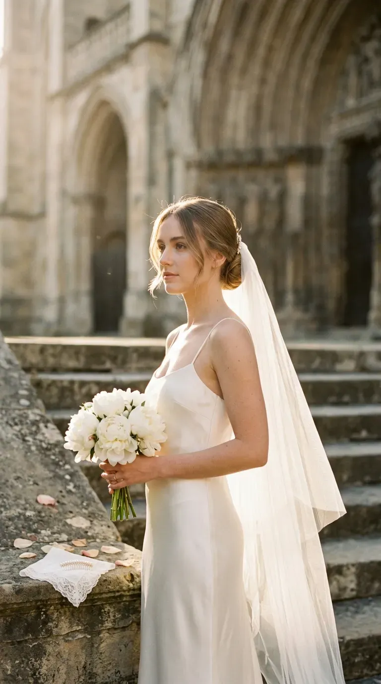 Three quarter view of a low chignon with a cathedral veil on stone steps