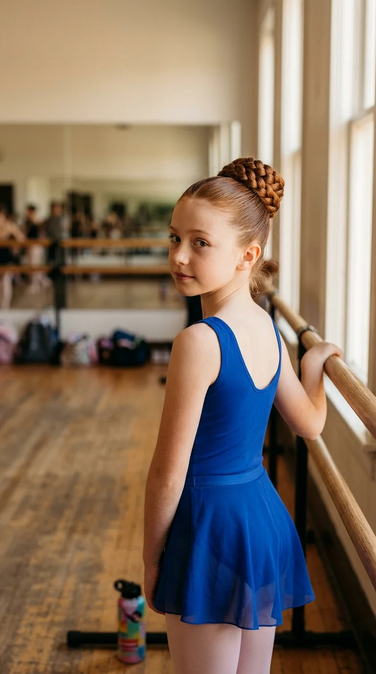 Three quarter back view of a teen dancer with a sleek center part and a low chignon at the nape