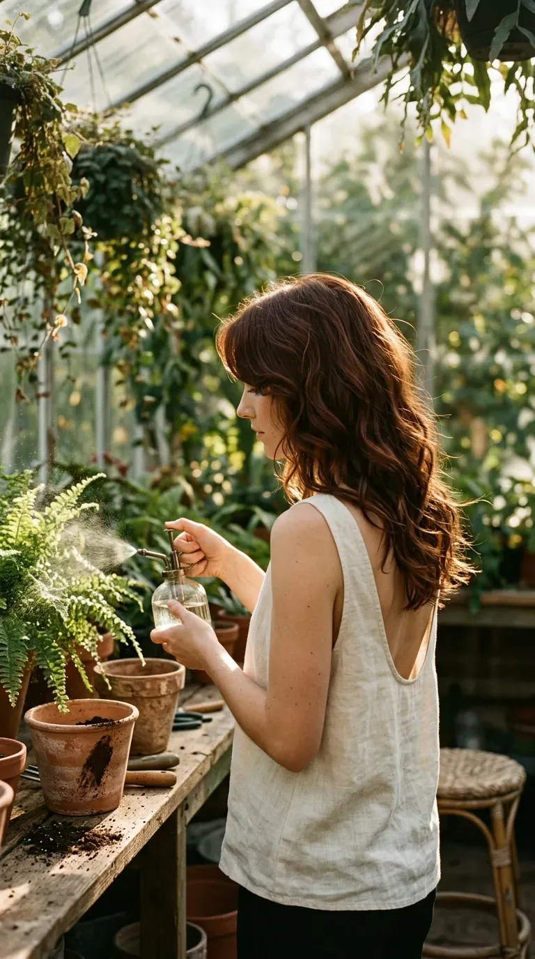 Side profile of cheekbone width layers with waves in a sunlit greenhouse