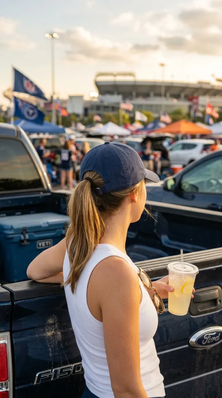 Oversized cheer bow on a sleek high ponytail in stadium bleachers