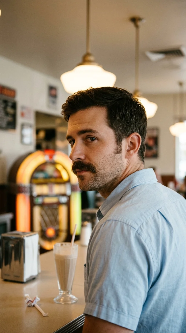 Over the shoulder view of a thick chevron mustache paired with light stubble