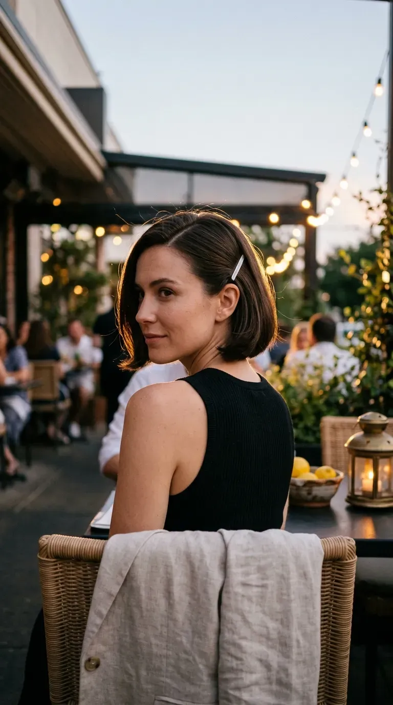 Over the shoulder view of a chin length bob with a barrette on the patio