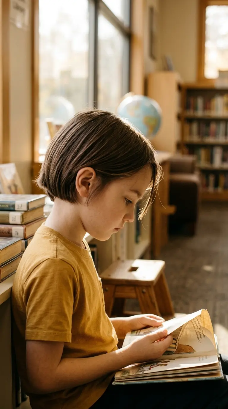 Side profile of a boy with a chin length bob tucked behind his ear