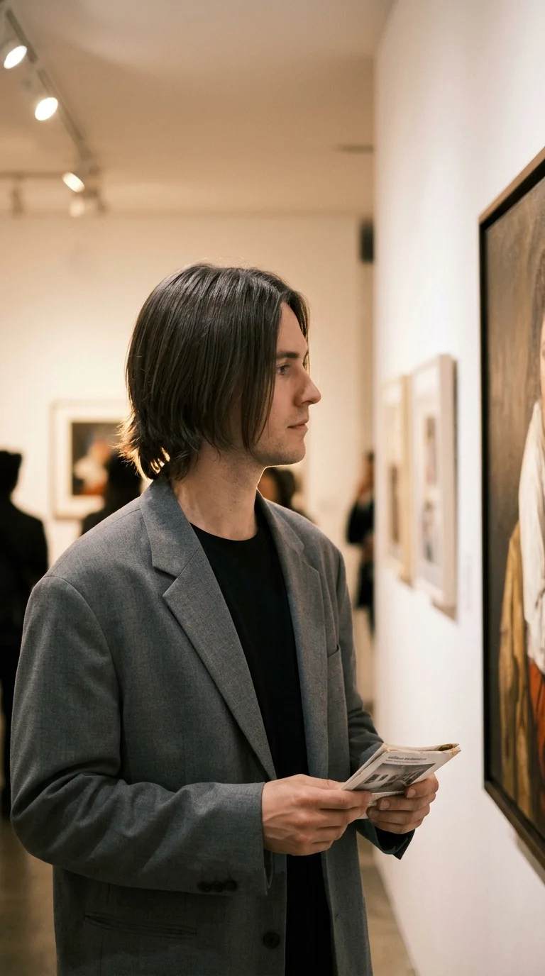 Three quarter front view of a man with straight chin length hair cut in a soft bob