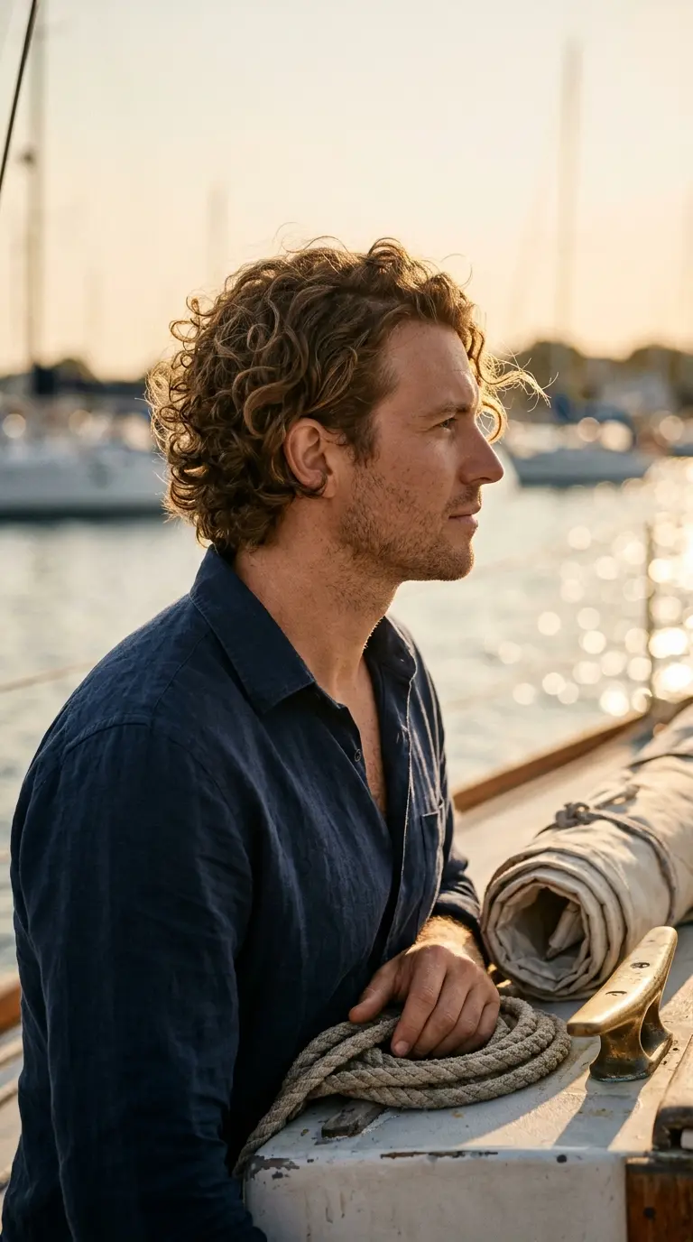 Side profile view of chin length curls with an off center part on a sailboat