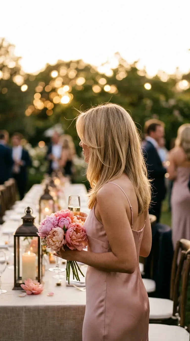 Three quarter view of chin length face framing pieces at an evening garden wedding