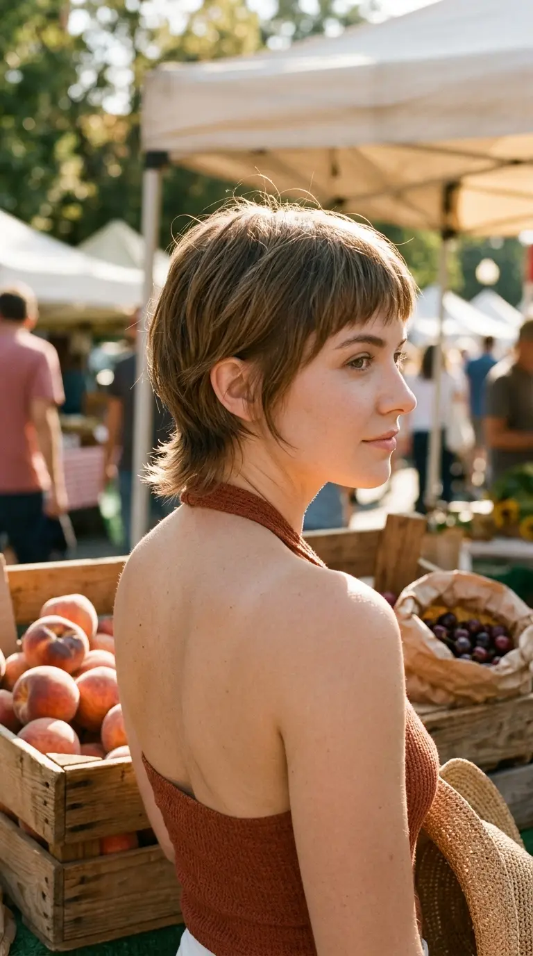 Over the shoulder view of a choppy dark blonde bixie cut at a farmers market