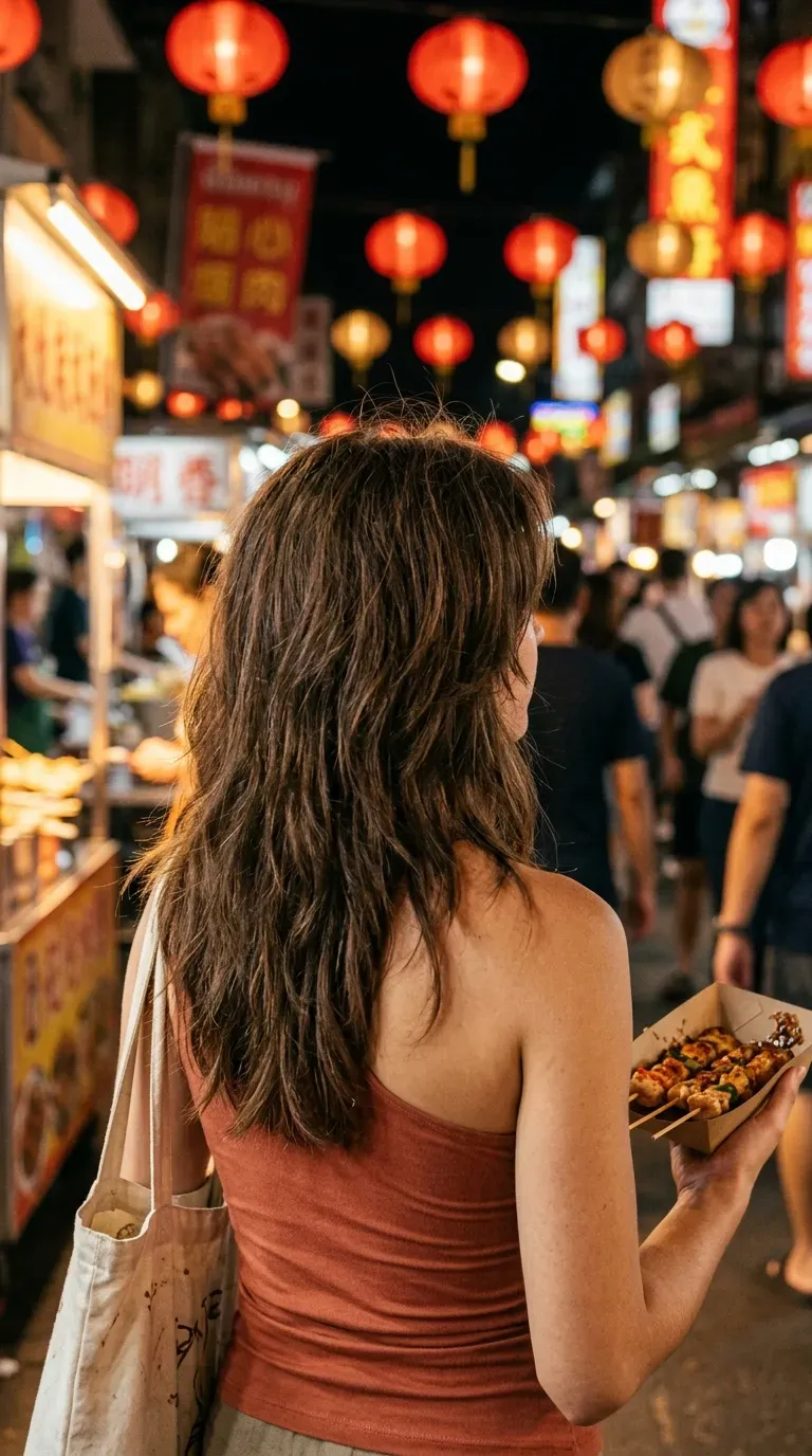 Thick long brown hair with choppy textured layers seen from behind at night market