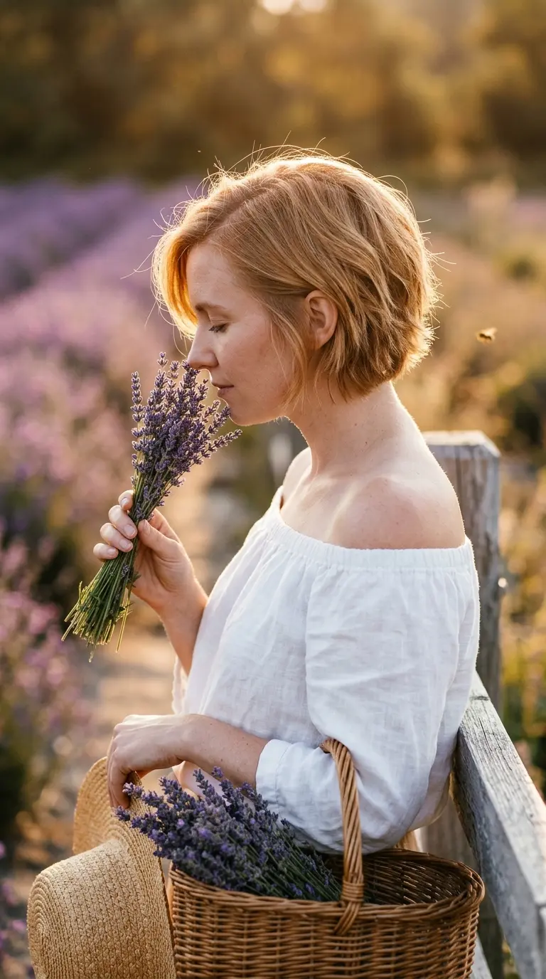 Side profile of choppy short layers on fine strawberry blonde hair