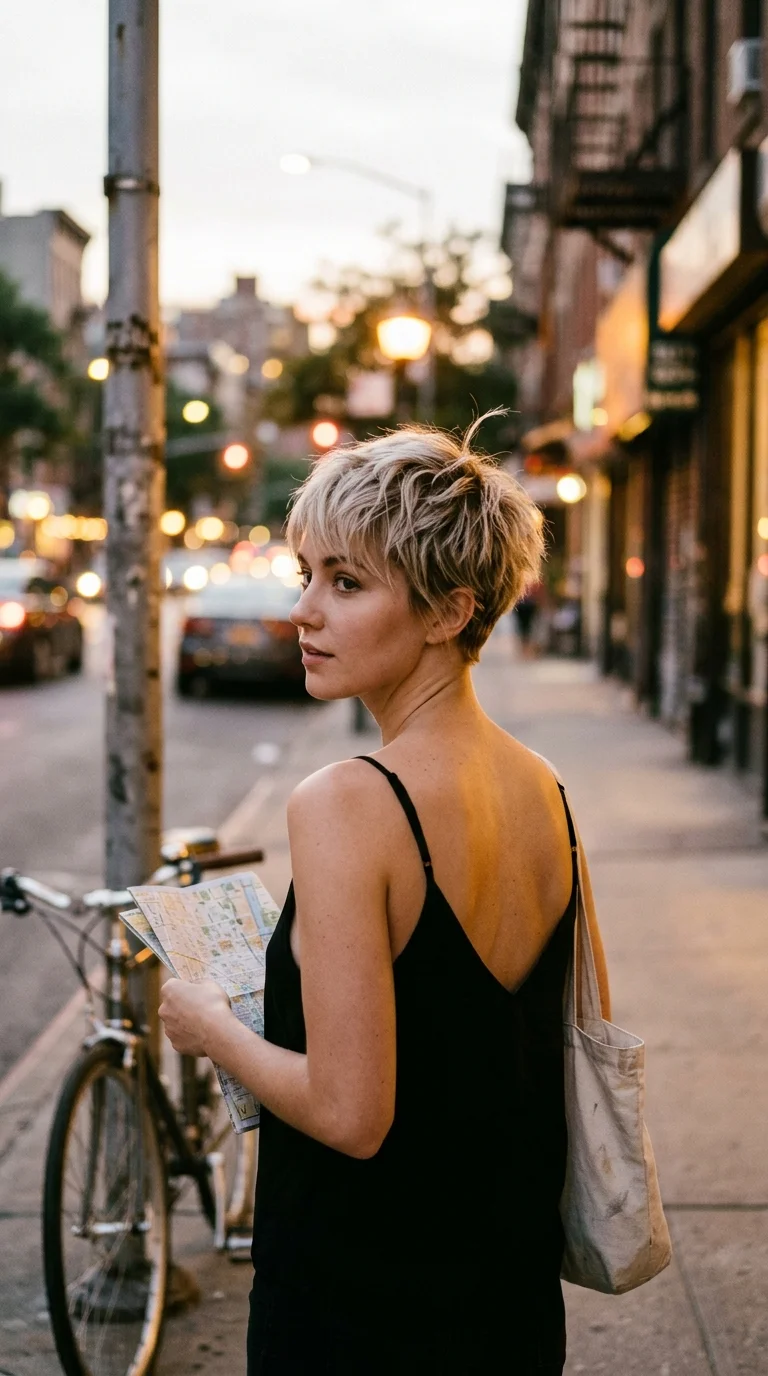 Over the shoulder view of an ash blonde choppy pixie on a city street