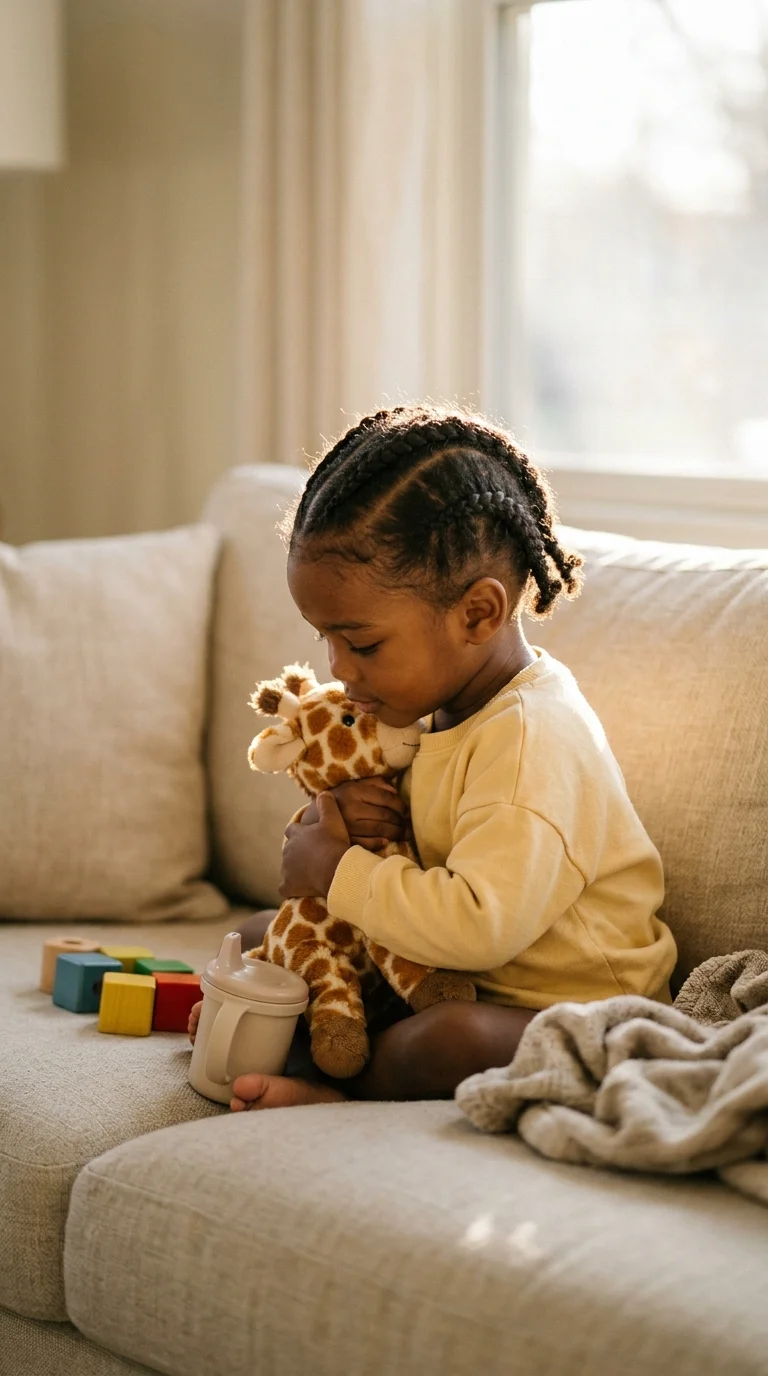 Three quarter front view of a toddler girl with four chunky cornrows on a sofa