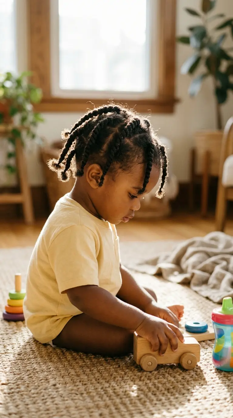 Three quarter front view of a toddler boy with chunky two strand twists on a play mat