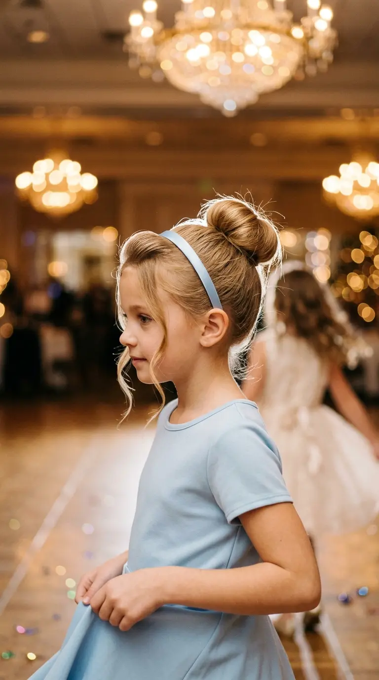 Three quarter front view of a girl with a smooth high bun and a pale blue headband at a ballroom party