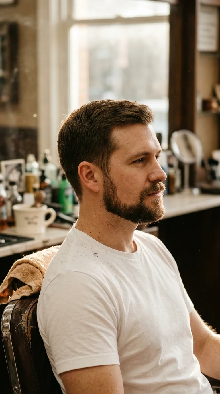 Side profile of a man with a short circle beard at a barbershop