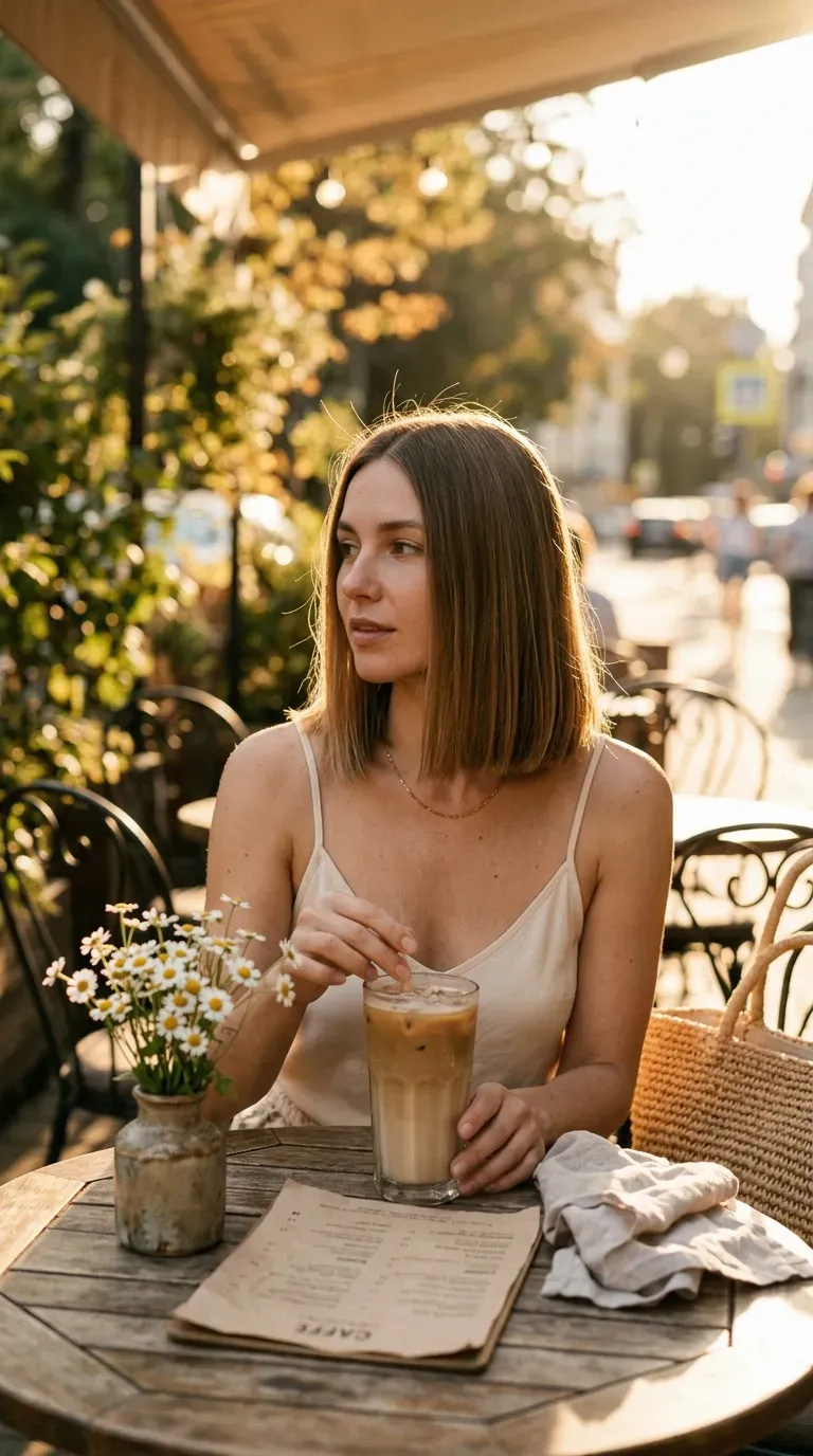 Three quarter view of a classic blunt lob haircut with a center part