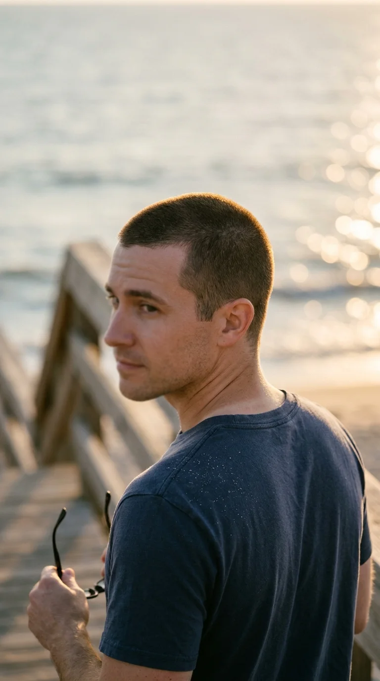 Three quarter back view of a man with an even number 2 buzz cut