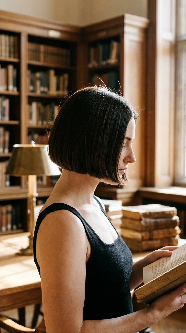 Side profile of a sleek dark brown chin length blunt bob in a library