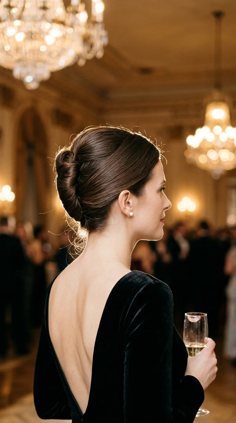 Side profile of a woman with a smooth classic French twist pinned up the back of her head