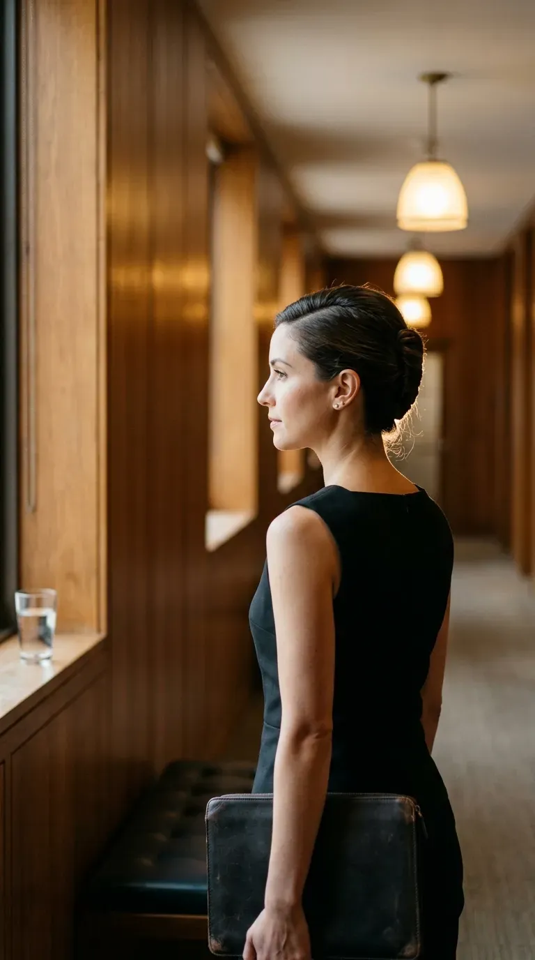 Side profile of a classic French twist in a wood paneled corridor