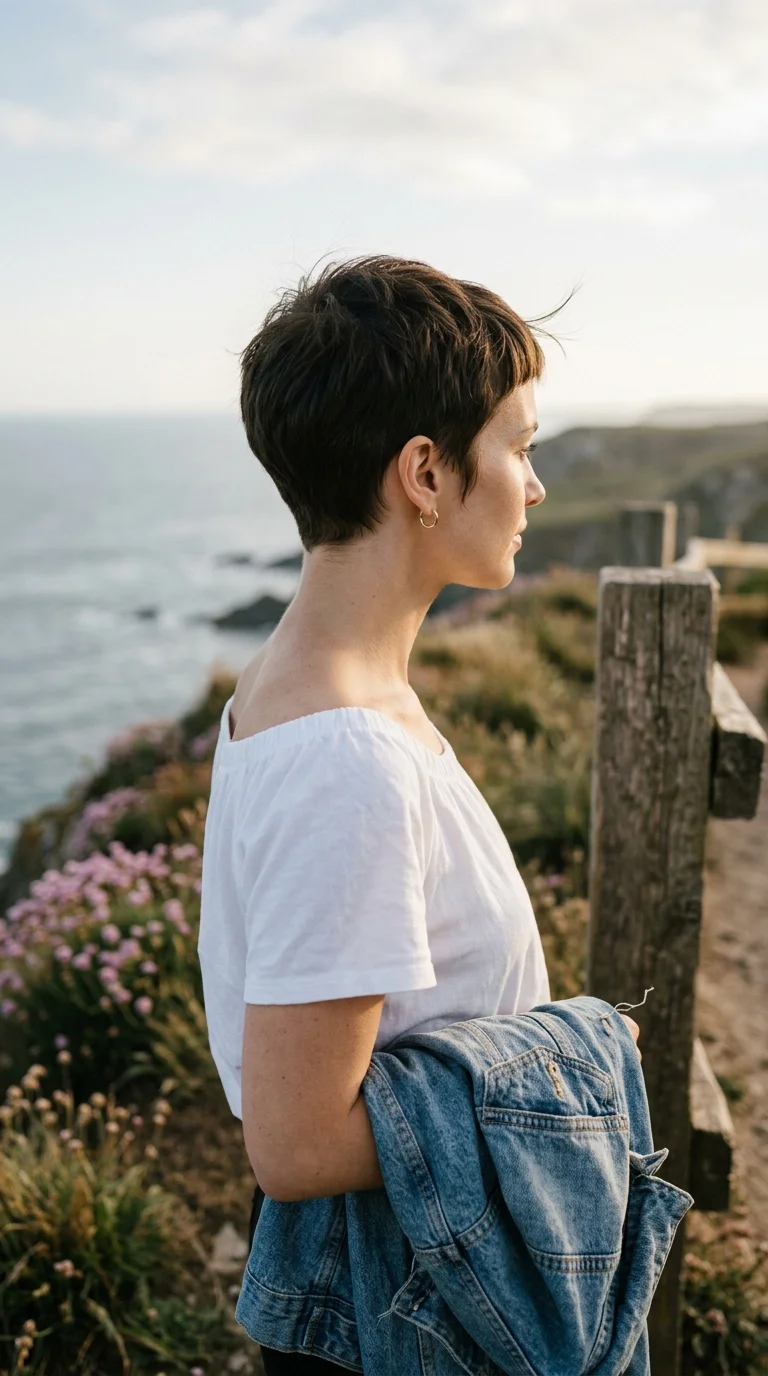 Side profile of a dark brown classic gamine pixie cropped close on a cliff path