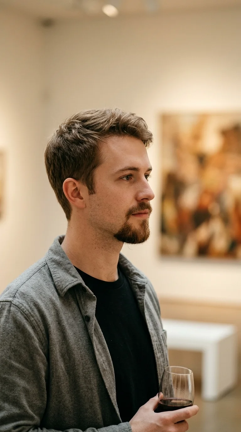 Three quarter view of a classic goatee on a man with a heart shaped face