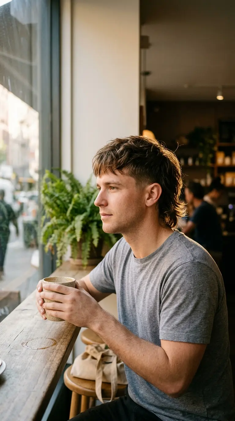 Three quarter view of a man with a classic modern mullet and low taper