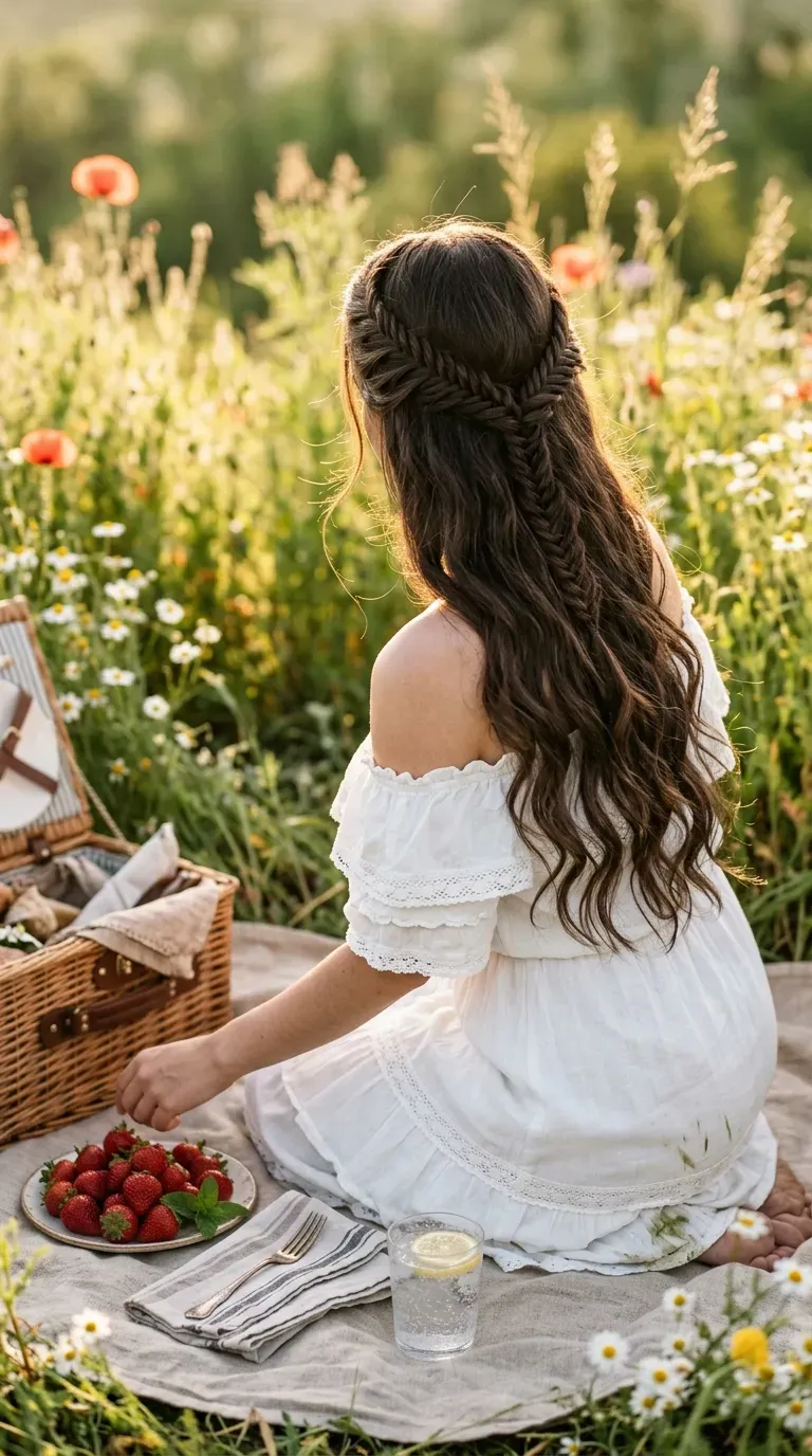 Woman with a classic pancaked fishtail braid down her back by a sunny window