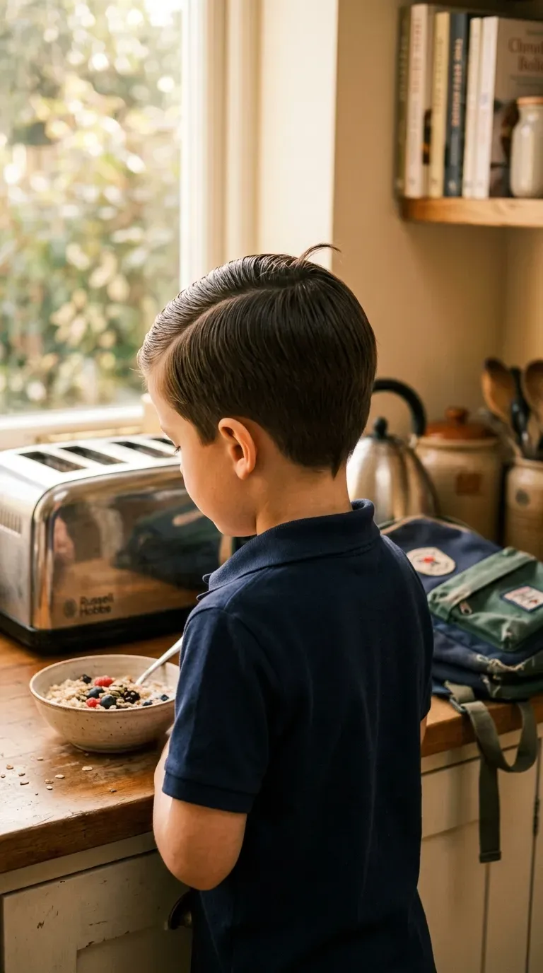 Boy with a neat side part on short hair at the kitchen counter