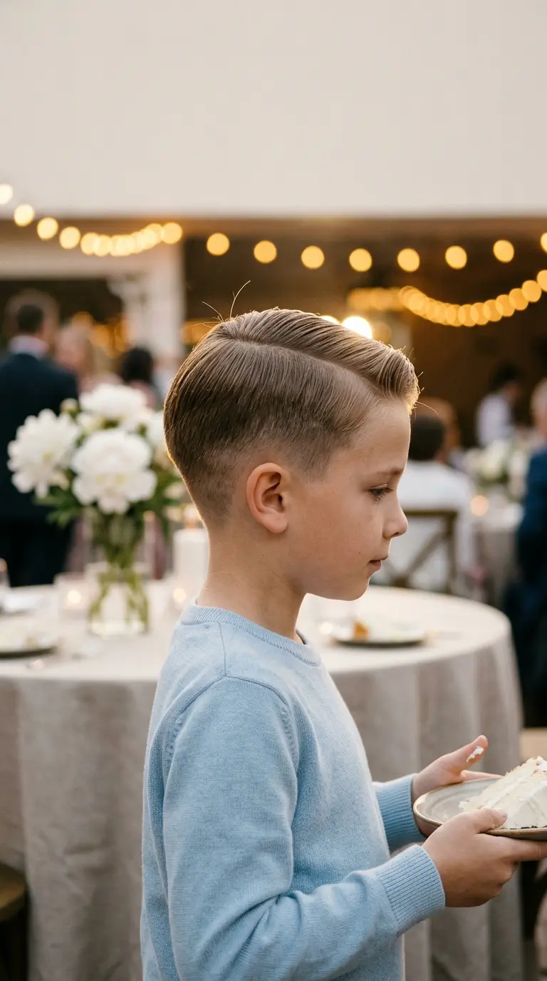 Side profile of a boy with a neat side part and soft low taper