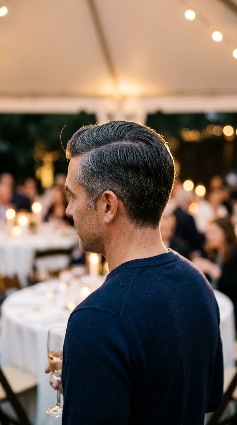Three quarter back view of a man with a classic side part and scissor taper